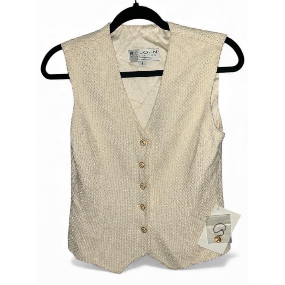 St. John Collection Wool Silk Vest Gold Buttons Bright White Ivory Sz P NWT